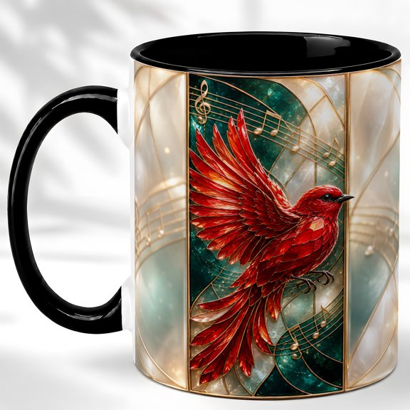 Red Bird Flight Coffee Mug, Stained Glass Bird Mug, Ceramic 11 oz