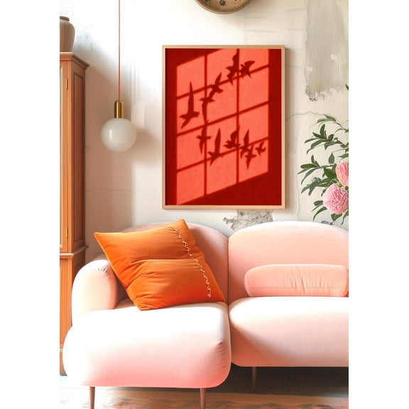 Red Bird Flock Shadow Wall Art Maximalist Home Decor Unframed Paper Print