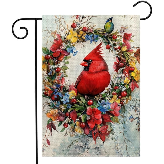 Red Bird Flowers Garden Flag 12x18 Inch Double Sided Spring Summer Cardinal Colorful Floral Yard Outdoor Flag Holiday Outside Decoration
