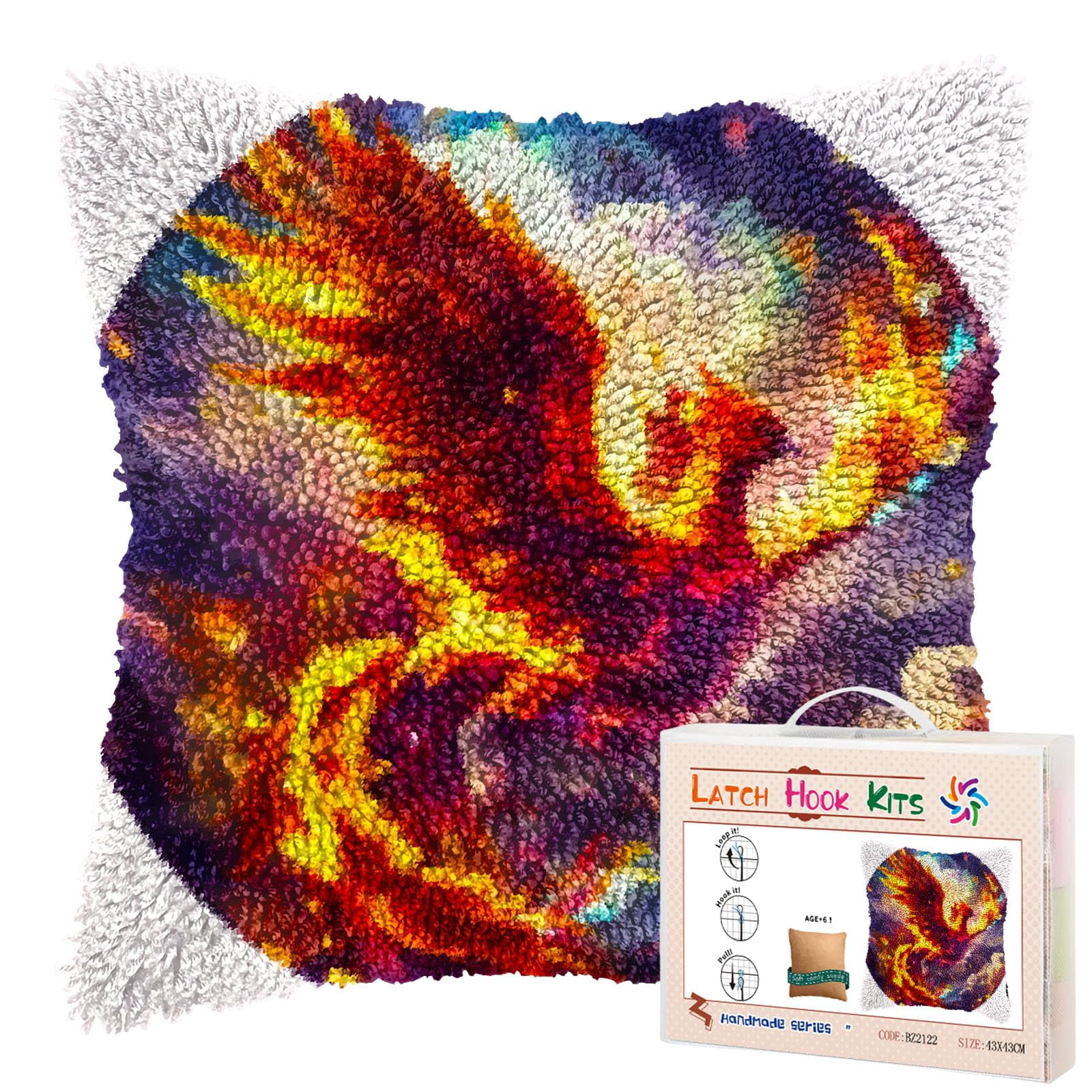 Red Bird Flying in Fire DIY Latch Hook Pillow Kits for Adults Printed Pillowcase Crochet Yarns Hooking Handmade Pillow Cover Cushion for Home Sofa Decoration 17x17inch(3)