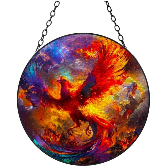 Red Bird Flying in Fire Stained Glass Suncatcher Handmade Window Hanging Colored Glass Suncatcher Crafts Kits for Indoor Garden Decor Memorial Gift 16x16cm(2)