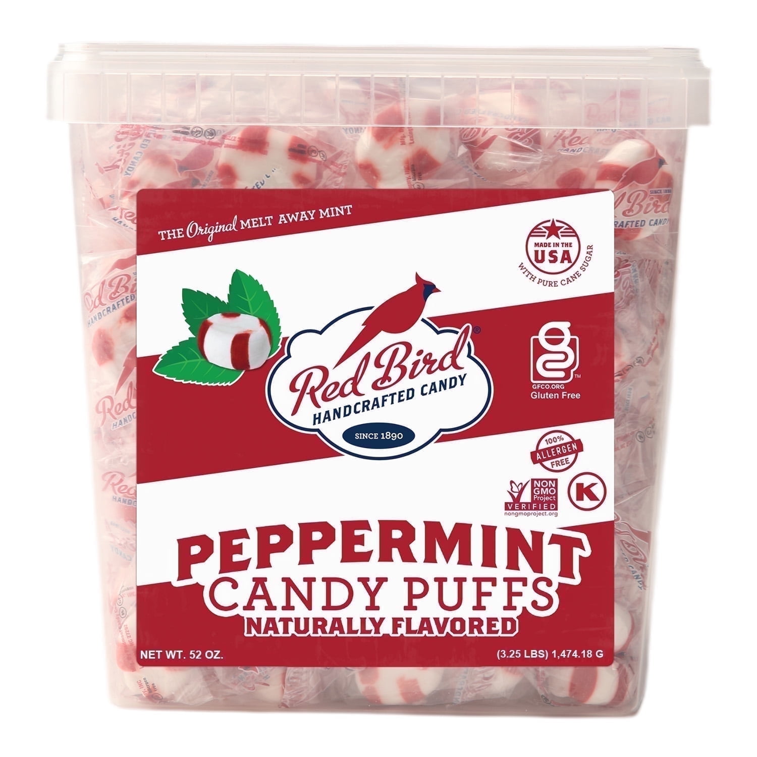 Red Bird Individually Wrapped Peppermint Candy Puffs, Gluten Free, Kosher, Non-GMO, 52 oz, Tub