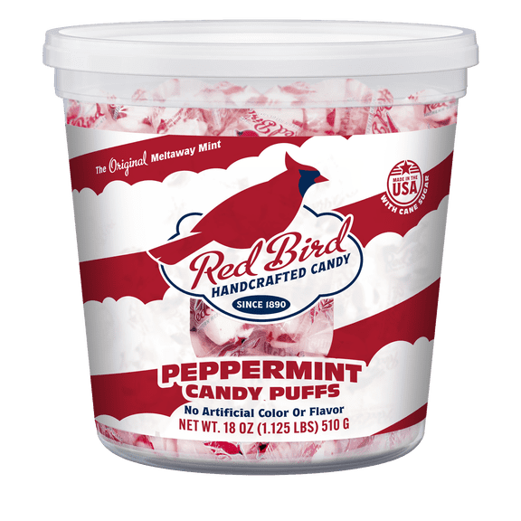 Red Bird Individually Wrapped Peppermint Candy Puffs, No Red 40, Gluten Free, Kosher, Non-GMO, 18 oz Tub