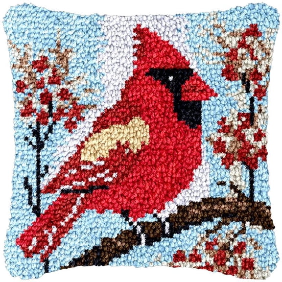Red Bird Latch Hook Kits Pillow DIY Rug Cushion Making Kits with preprinted Pattern Canvas Instruction Yarns and Latch Hooking Pillow Cover Easy to Start DIY Home Decor Kits 43x43cm