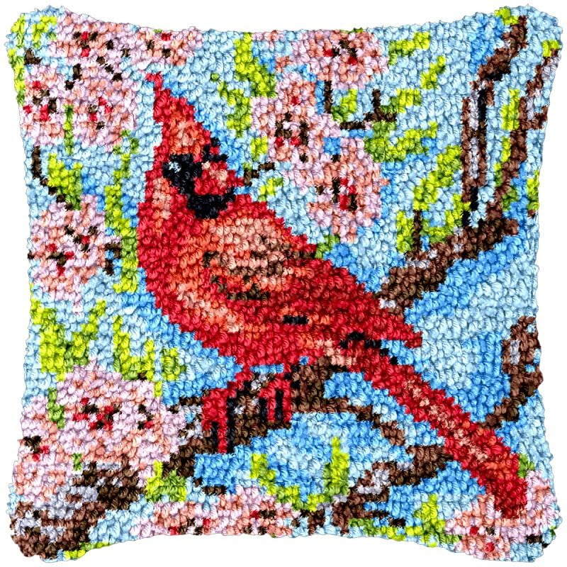 Red Bird Latch Hook Pillowcase Kits for Adults and Starter DIY Cushion Latch Hooking Make Rug Kits with Preprinted Canvas Crochet Yarn Kits Needlework Crafts 17'' X 17''