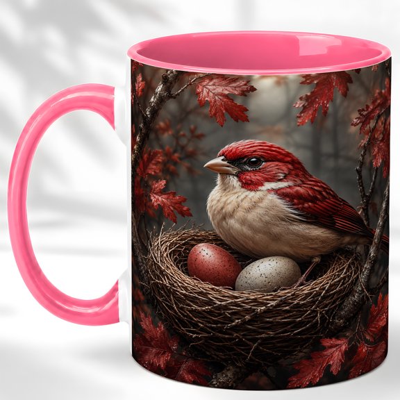 Red Bird Nest Coffee Mug, Forest Bird Mug, Ceramic 11 oz