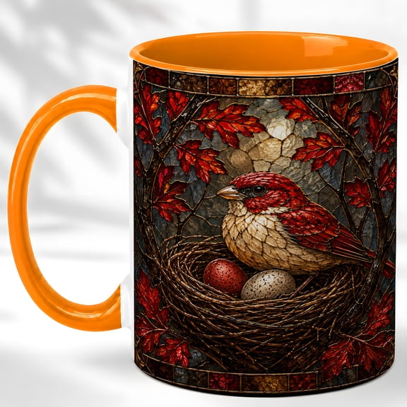 Red Bird Nest Coffee Mug, Stained Glass Art Mug, Ceramic 11 oz