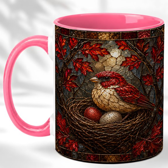 Red Bird Nest Coffee Mug, Stained Glass Art Mug, Ceramic 11 oz