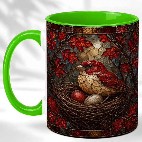 Red Bird Nest Coffee Mug, Stained Glass Art Mug, Ceramic 11 oz