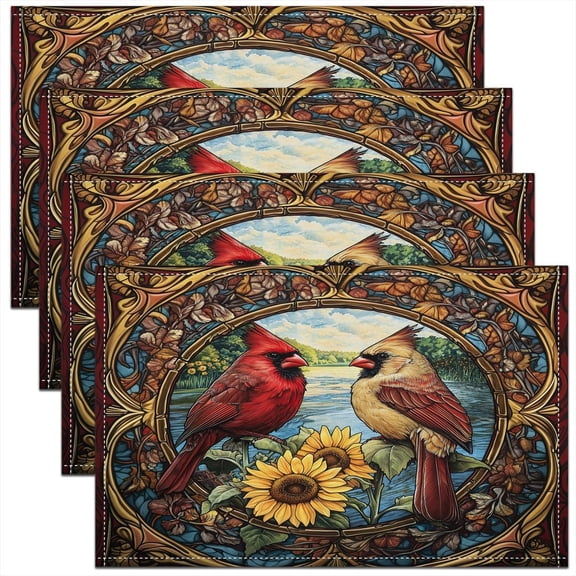Red Bird Placemats Set of 4 Sunflower Table Mats for Party Kitchen Dining Decoration Cardinal Bird Place Mat for Table Holiday Decor Indoor Outdoor 18"x12" Non-Slip Easy to Clean Washable