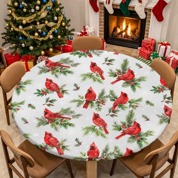 Red Bird Round Fitted Tablecloth Christmas Cardinal Birds Forest Green ...