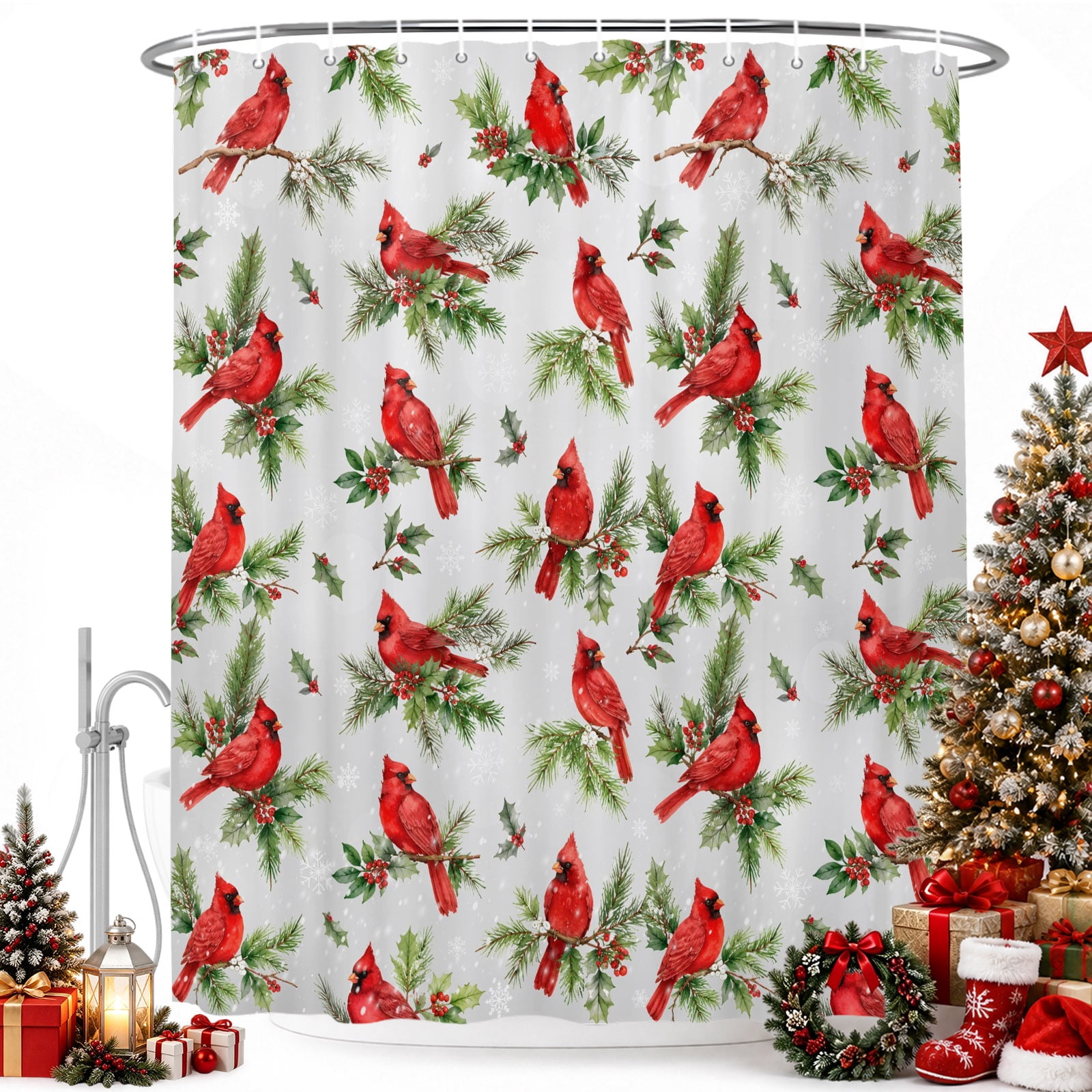 Red Bird Shower Curtain for Bathroom, Christmas Cardinal Birds Forest ...