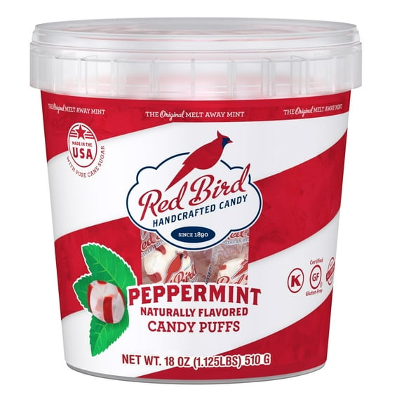 Red Bird Soft Peppermint Puffs, MDA05Christmas Candy Individually Wrapped, Perfect for Stocking Stuffers, 18 oz Tub