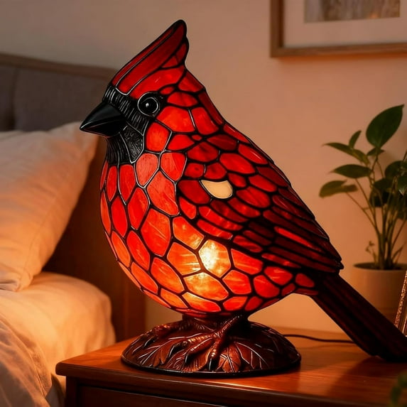 Red Bird Table Lamp Stained Glass Style Bedside Bird Lamp Handcrafted Red Bird Night Light for Home Decor Bedroom Desk Christmas Gift
