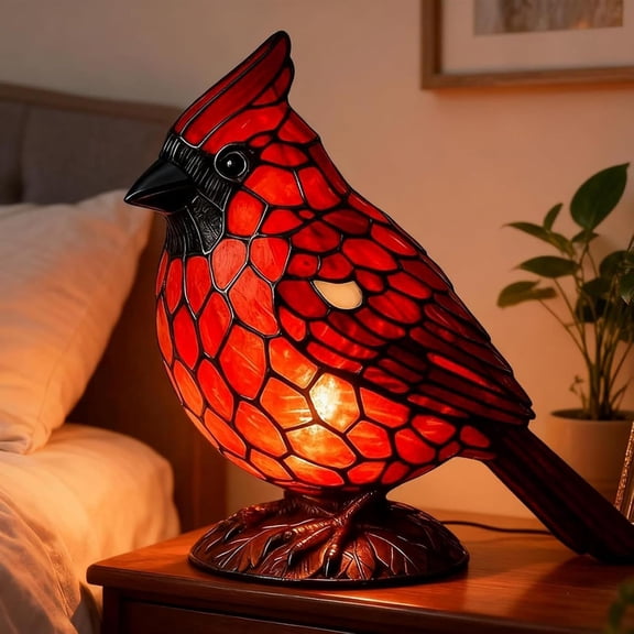 Red Bird Table Lamp Stained Glass Style Bedside Bird Lamp Handcrafted Red Bird Night Light for Home Decor Bedroom Desk Christmas Gift