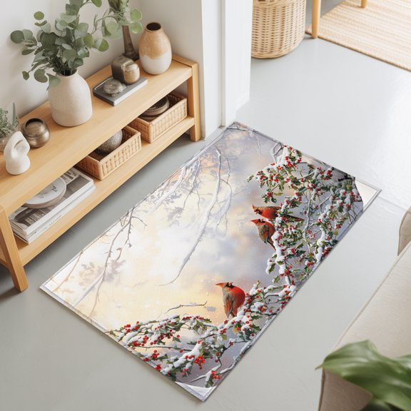 Red Bird on Tree Branch Rectangle Area Rug 2x3ft,Living Room Rug Non-Slip Washable Circle Rugs Pad,Winter Berry Snow Scenery Soft Floor Carpet for Bedroom Dining Room