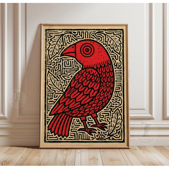 Red Bird Tribal Poster, Folk Linocut Wall Art, Paper Print, Poster Only