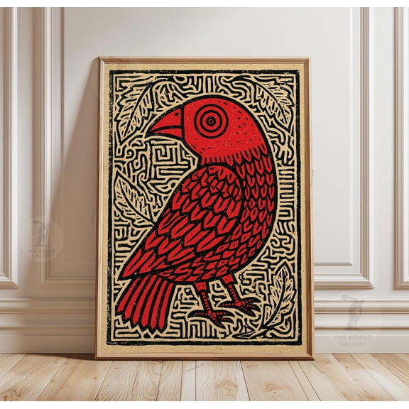 Red Bird Tribal Poster Folk Linocut Wall Art Paper Print