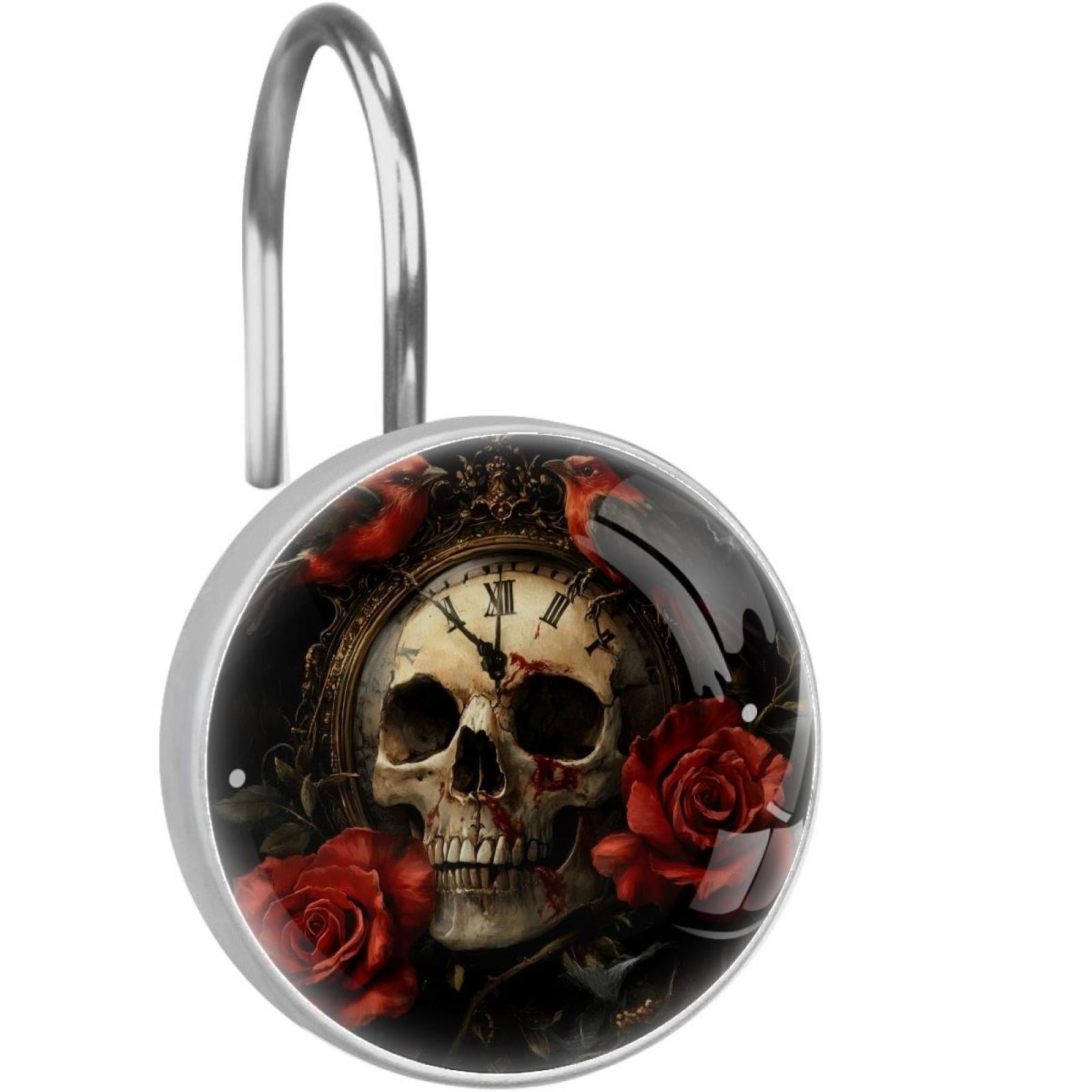 Red Bird Vintage Skull Clock Shower Curtain Hooks Round Crystal Glass, Set of 12 Shower Curtain Rings - Shower Hooks for Curtain Shower Rings