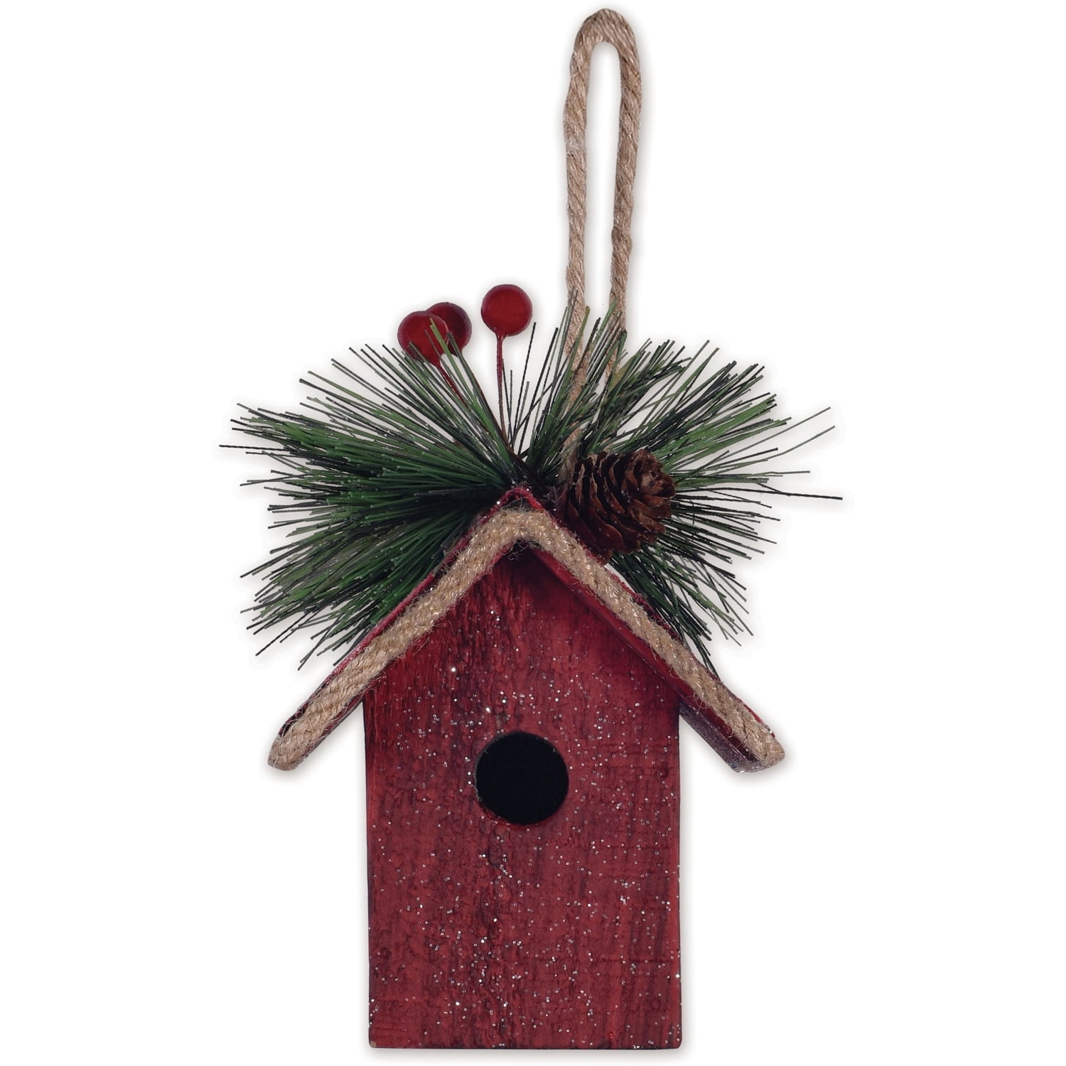 Rustic Red Wooden Birdhouse Ornament with Pine Accents