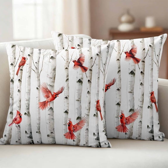 Red Birds Rustic Outdoor Waterproof Throw Pillow Covers 16x16 Set of 2, Vintage Country Forest Tree Bird Decorative Pillowcases Cushion Pillowcase for Couch Sofa Patio Outside Pillow Protector