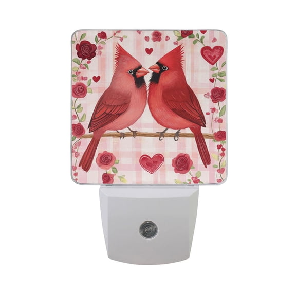 Red Birds on Branch Hearts Roses Valentine LED Night Light with Smart Sensor Plug Into Wall Dusk to Dawn 2 packs