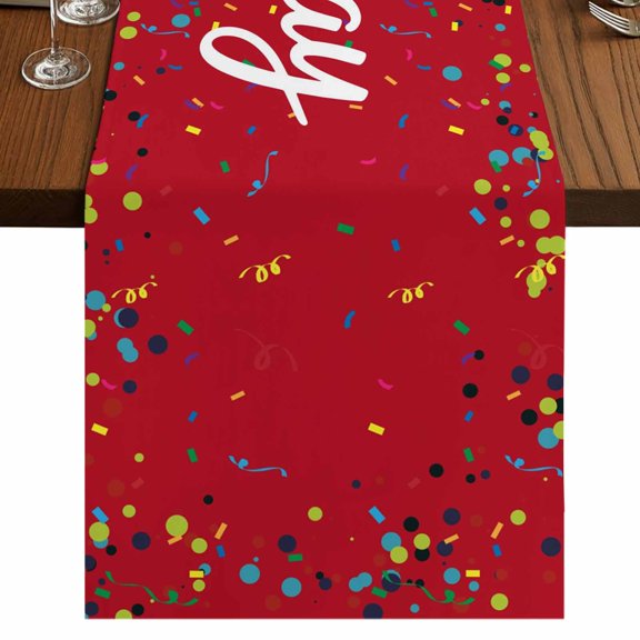 Red Birthday 36 Inch Table Runner, Colorful Confetti Ribbons Polka Dots Classroom Farmhouse Dresser Scarf Cotton & Linen Tablerunner for Dining/Kitchen Island/Holiday Party Décor Small 13" x 36"