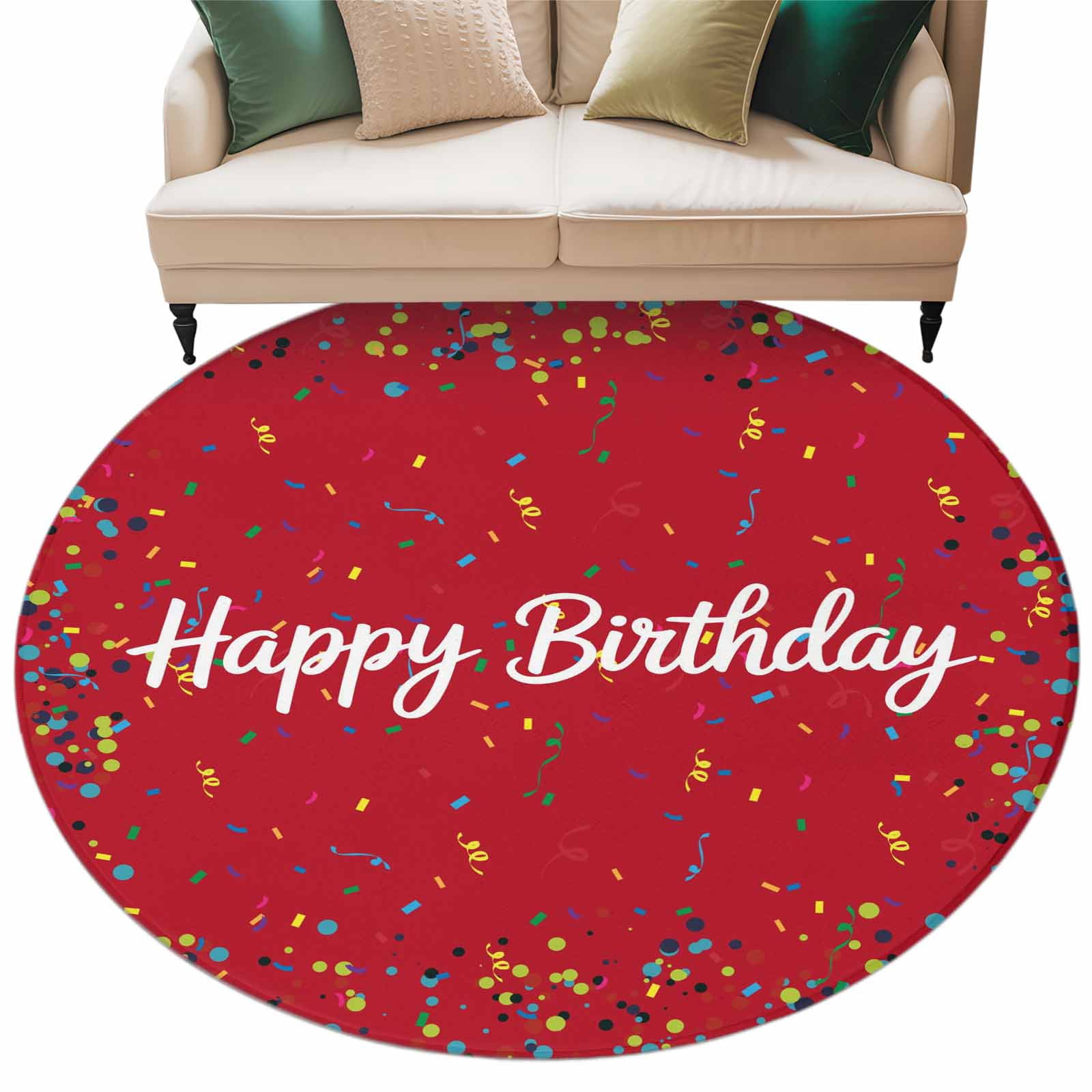 Red Birthday Large Area Rugs for Bedroom Living Room, Soft Non Slip Carpet Bedside Rug, Colorful Confetti Ribbons Polka Dots Classroom Round Floor Cover Kitchen Accent Rug 5' for Dining Room/Office