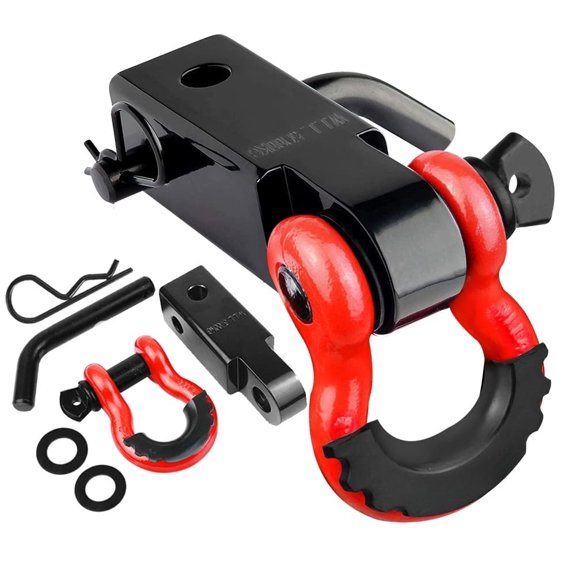 Red & Black 2-Inch Shackle Hitch Receiver with D-Ring and Hitch Pin for Off-Road Vehicle Recovery Towing