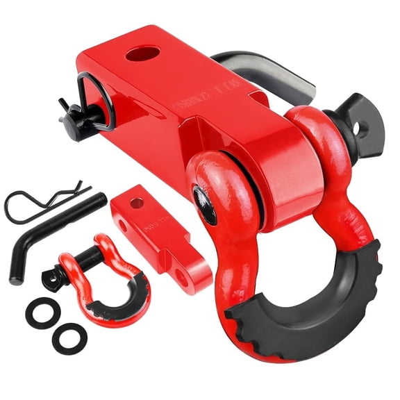 Red & Black 2-Inch Shackle Hitch Receiver with D-Ring and Hitch Pin for Off-Road Vehicle Recovery Towing