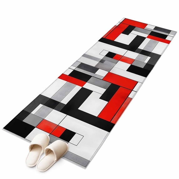 Red Black 2'x6' Runner Rug, Abstract Geometric Grey White Middle Century Washable Non-Slip Area Rugs for Hallway Kitchen Floor Bedroom Entryway, Laundry Carpet Decoration Indoor Mat