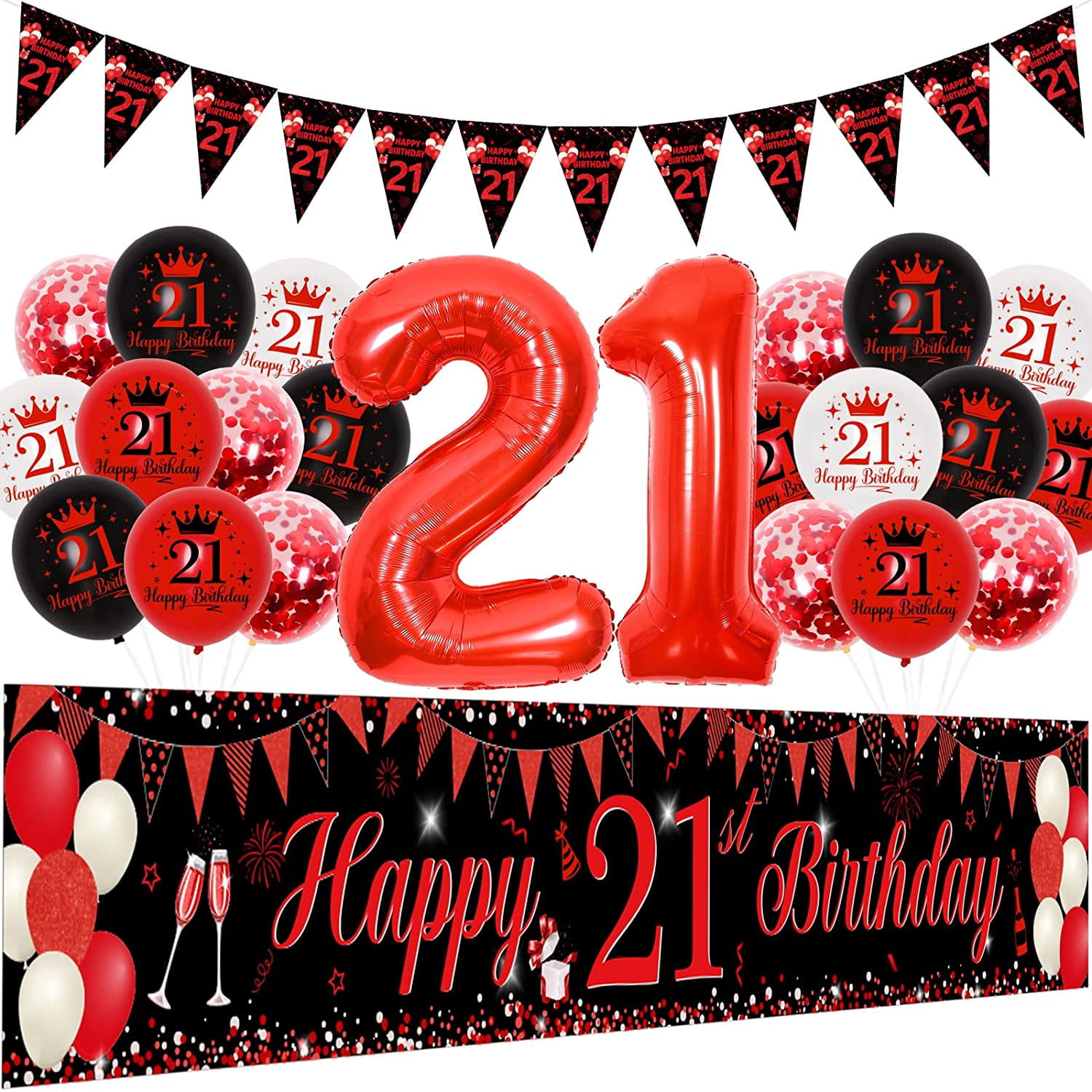 Red and Black 21st Birthday Decorations for Boys Girls, 21 Birthday Party Supplies with Happy 21st Birthday Yard Banner 9.8 x 1.6ft Confetti Foil Balloons Triangle Flag for 21st Birthday Party Decor