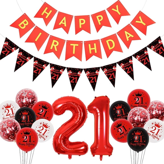 Red and Black 21st Birthday Decorations, Glitter 21 Birthday Flag Bunting, Happy Birthday Banner, Red Black White 21st Birthday Balloons, 21 Foil Balloon, 21st Birthday Party Supplies for Men Women