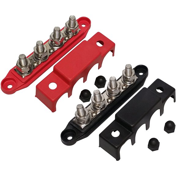 (Red & Black) 3/8" 4 Stud Bus BAR Power Distribution Block - Made in The USA - for Marine Battery Terminals, 12v Power and Ground Distribution Blocks - Terminal Block for Battery Terminals - BusBar