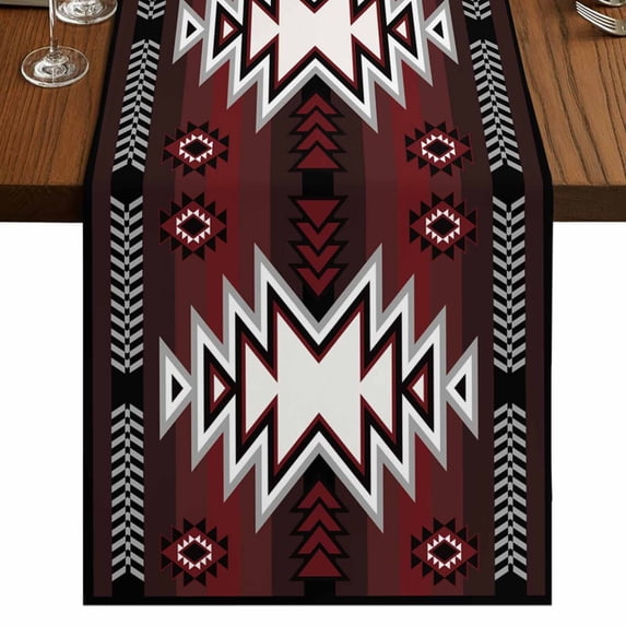 Red Black 36 Inch Table Runner, Southwest Geometric Aztec Farmhouse Tribal Farmhouse Dresser Scarf Cotton & Linen Tablerunner for Dining/Kitchen Island/Holiday Party Décor Small 13" x 36"