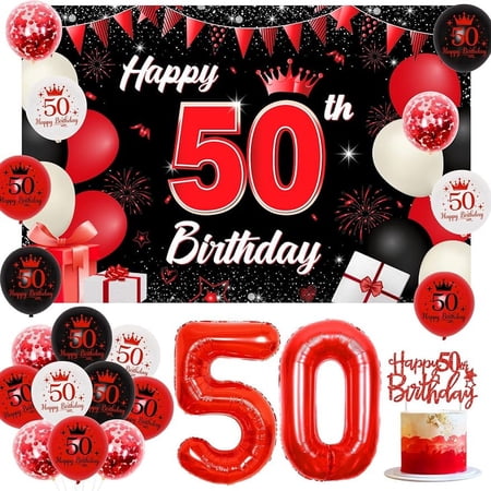 Red and Black 50th Birthday Decorations for Men Women, Happy 50th Birthday Backdrop Balloons for Him Her 50 Years Old Fifty Birthday Party Decor Supplies