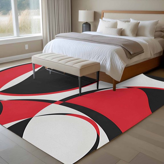 Red Black 6x9 Rug for Dining Room Table and Chair Setup, Abstract Grey Black Red Round Grey Texture Low Pile Washable Non Slip Rectangle Area Rug