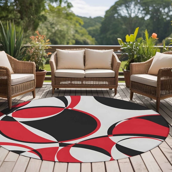 Red Black 8ft Round Rug for Open Concept Living Room Seating Zone, Abstract Grey Black Red Round Grey Texture Washable Non Slip Large Circle Area Rug