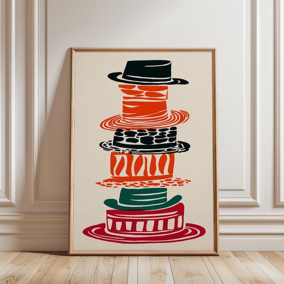 Red Black Abstract Hat Stack Graphic Folk Illustration Modern Art, Stretched Canvas 16x20in