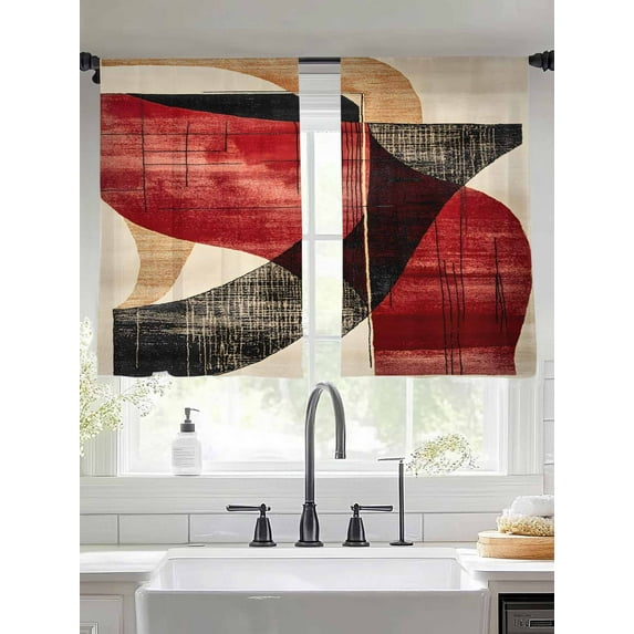 Red Black Abstract Sheer Curtains for Living Room Bedroom Vintage Artwork Beige Sheer Curtains 54 Inch Long 2 Panels Set Light Filtering Curtain Window Treatments Drapes for Dining Room