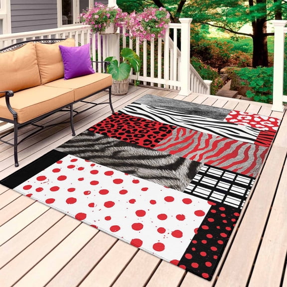 Red Black Animal Print Outdoor Rug 5x8 Ft, Non Slip Washable Area Rug, Zebra Leopard Plaid Tiger Stripes Patio Rugs Carpet Runner, Large Floor Mat for Indoor/Outdoor Deck Porch Camping