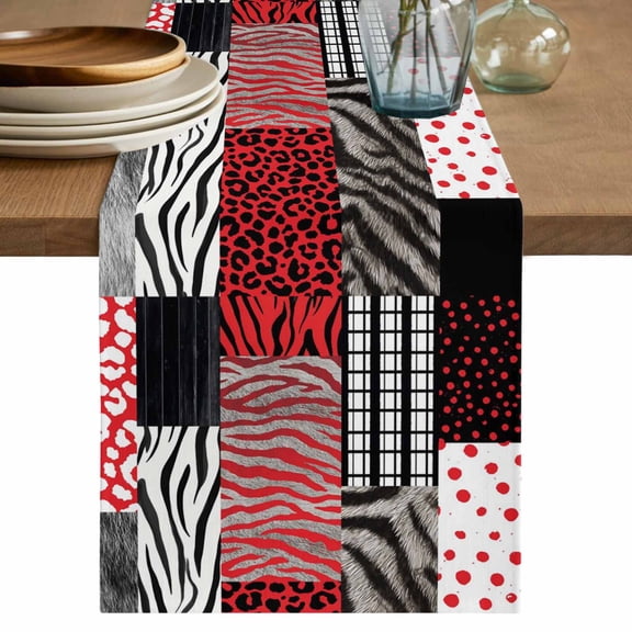 Red Black Animal Print Table Runner, Zebra Leopard Plaid Tiger Stripes Cotton Linen Table Runners 120 Inches Long, Dresser Scarf Runner for Dining/Living Room/Kitchen/Square Tables 13''x120''