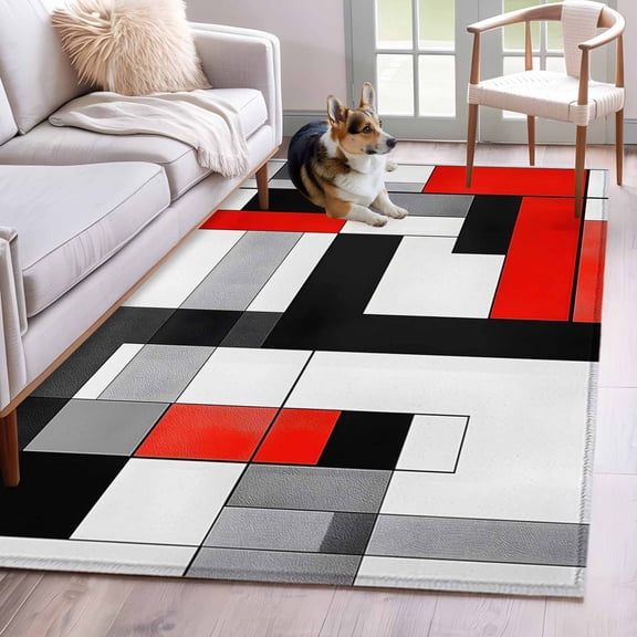 Red Black Area Rug 4x6 Washable Rug Non Slip Abstract Geometric Grey White Middle Century Large Area Rug Indoor Floor Carpet for Entryway Bedroom Kitchen Living Room Home Office Dining Room Nursery