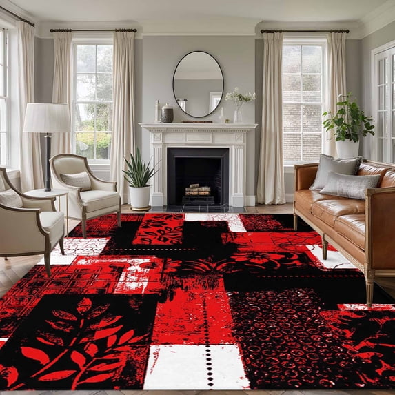 Red Black Area Rugs 5'x8', Washable Small Throw Rugs for Classroom Bedroom, Modern Abstract Art Botanical Indoor Outdoor Rug Non-Slip Low Pile Carpet Runner Reversible Floor Mats
