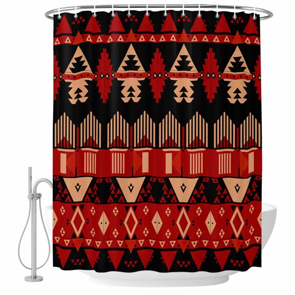 Red Black Aztec Bathroom Shower Curtains with Hooks, Geometric Pattern Waterproof Fabric Washable Shower Curtain for Home Hotel Bathtub Decor 54x78 Inch