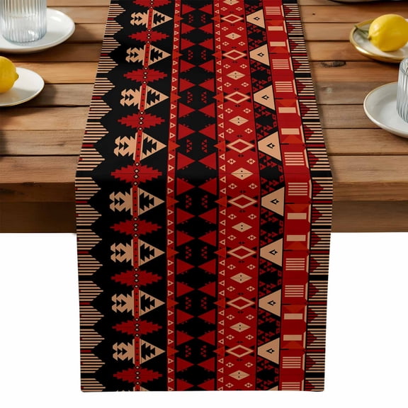 Red Black Aztec Table Runner, Geometric Pattern Kitchen Table Runners Dress Scarves for Table Decorations Party/Restaurant/Indoor Outdoor Use, 13x36in