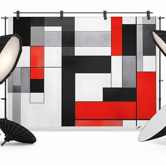 Red Black Backdrop for Photography,Fabric Photo Background Backdrop,Abstract Geometric Grey White Middle Century Photo Booth Background for Portrait Photoshoot Video Wedding Decoration Banner 7x5ft
