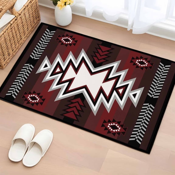 Red Black Bathroom Rug Washable 2x3 Entryway Rug Non Slip Southwest Geometric Aztec Farmhouse Tribal Front Door Mat Low Pile Indoor Doormat Throw Floor Carpet for Kitchen Bedroom Entrance