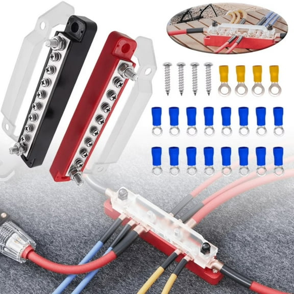 Red & Black Battery Bus Bar Set - 130A AC/150A DC, Brass & Stainless Steel Terminals