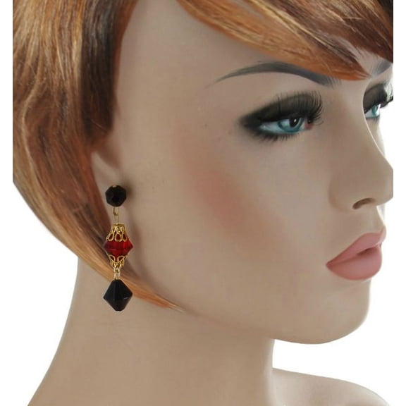 Red Black Beaded Gold Tone Dangle Chandelier Pierced Earrings 2 1/4" Ladies Adult Female Women